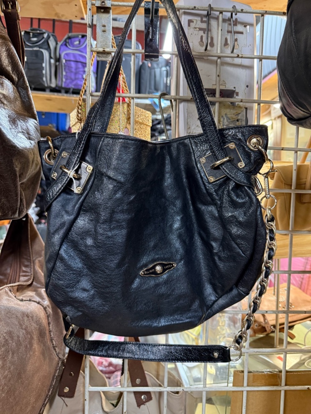 Elliot Lucca Black Real Leather Tote Shoulder Bag - Women's Fashion Handbag - Picture 4 of 14